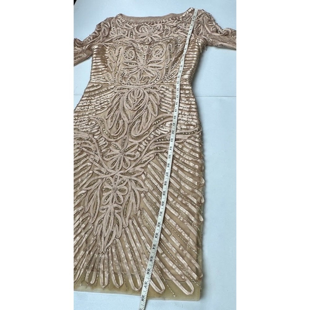 Sue Wong Dress Womens 4 Beige Beaded Long Sleeve Cocktail Wedding Guest Gala - Picture 14 of 15